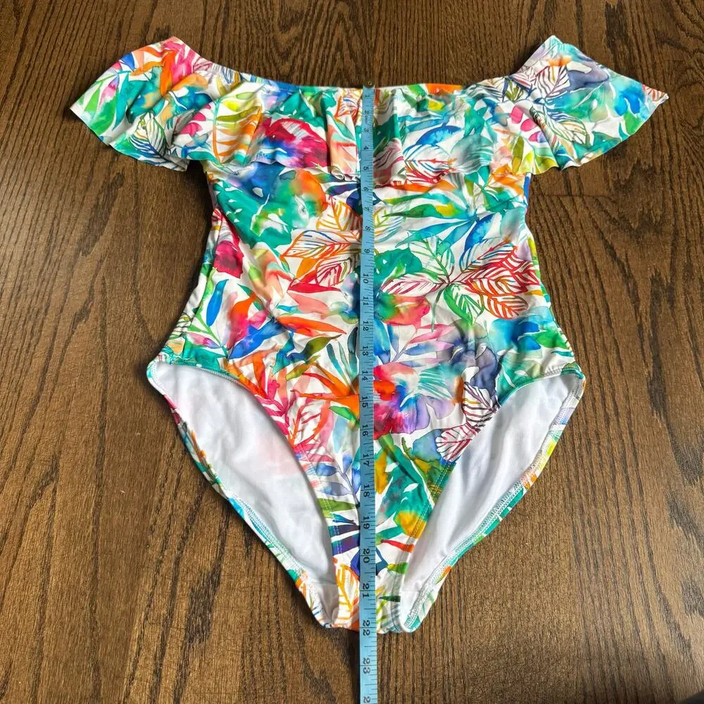 Ralph Lauren LRL Womens Off Shoulder Ruffled One Piece Swim Suit Floral Size 10